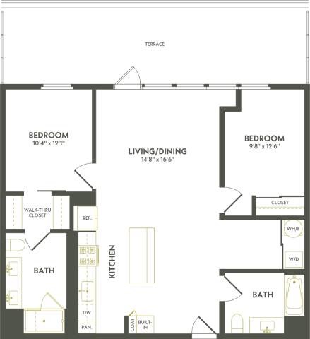 Floor plan for 2 beds, 2 baths, 1101 sqft
