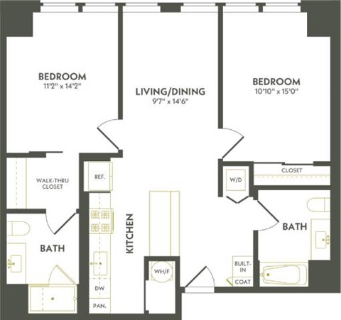 Floor plan for 2 beds, 2 baths, 1023 sqft