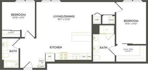 Floor plan for 2 beds, 2 baths, 1027 sqft
