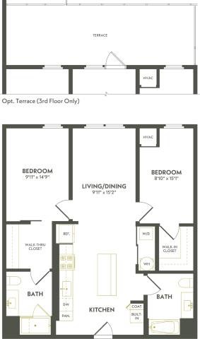 Floor plan for 2 beds, 2 baths, 1029 sqft