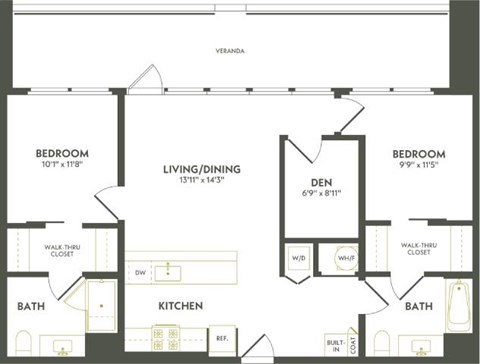 Floor plan for 2 beds, 2 baths, 1067 sqft
