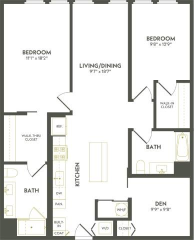 Floor plan for 2 beds, 2 baths, 1267 sqft