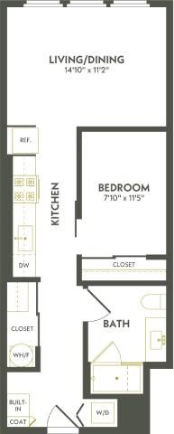 Floor plan for 1 bed, 1 bath, 601 sqft