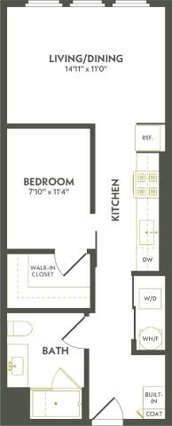 Floor plan for 1 bed, 1 bath, 624 sqft