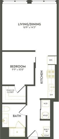 Floor plan for 1 bed, 1 bath, 709 sqft