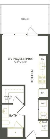 Floor plan for studio, 1 bath, 476 sqft