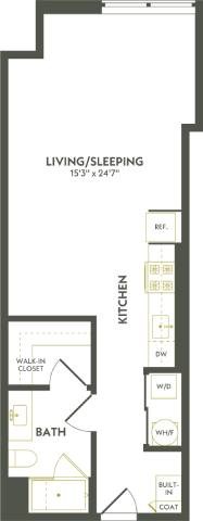 Floor plan for studio, 1 bath, 566 sqft