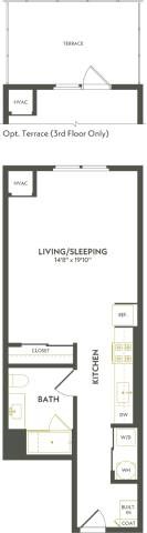Floor plan for studio, 1 bath, 591 sqft