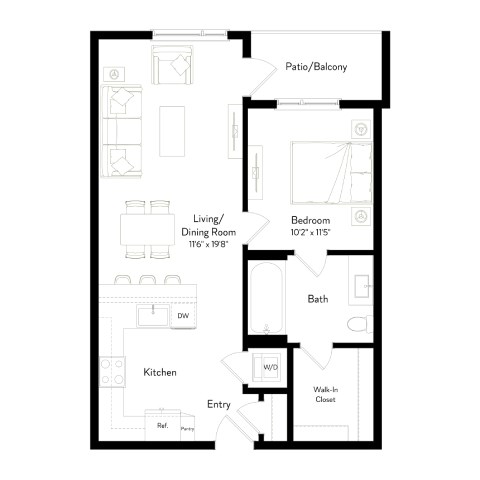 Floor plan for 1 bed, 1 bath, 708 sqft