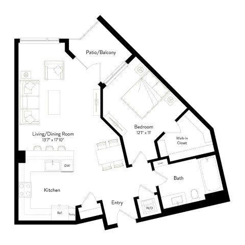Floor plan for 1 bed, 1 bath, 766 sqft