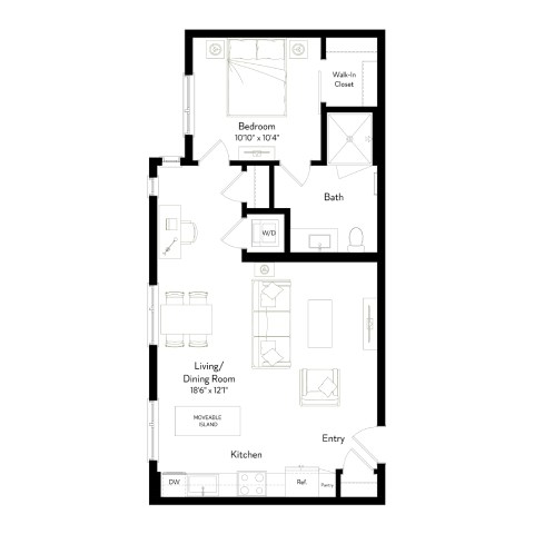 Floor plan for 1 bed, 1 bath, 655 sqft