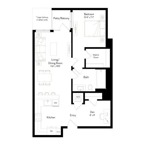 Floor plan for 1 bed, 1 bath, 797 sqft