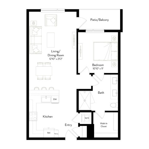 Floor plan for 1 bed, 1 bath, 812 sqft
