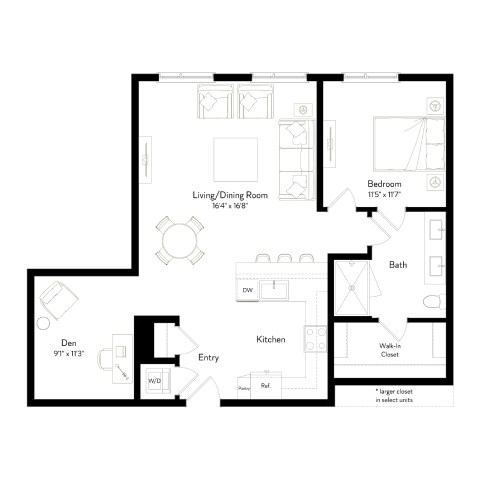 Floor plan for 1 bed, 1 bath, 998 sqft