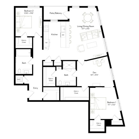Floor plan for 2 beds, 2 baths, 1575 sqft