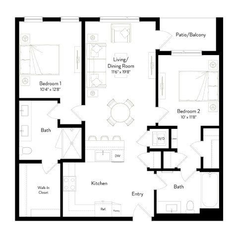 Floor plan for 2 beds, 2 baths, 1074 sqft