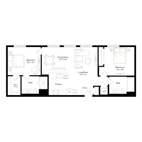 Floor plan for 2 beds, 2 baths, 1093 sqft