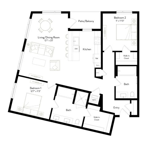 Floor plan for 2 beds, 2 baths, 1274 sqft