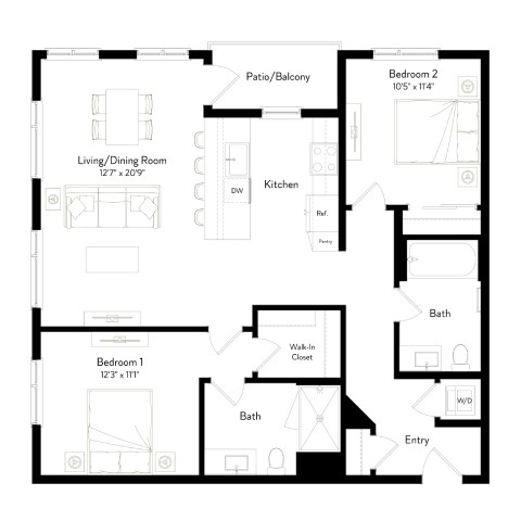 Floor plan for 2 beds, 2 baths, 1120 sqft