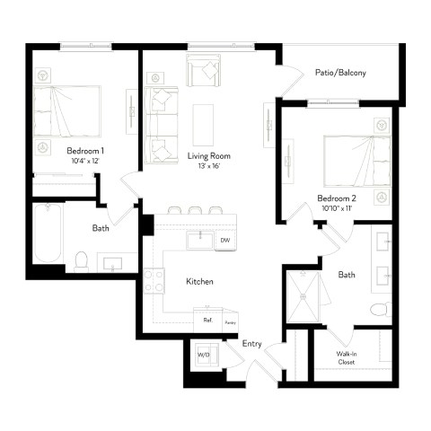 Floor plan for 2 beds, 2 baths, 1007 sqft