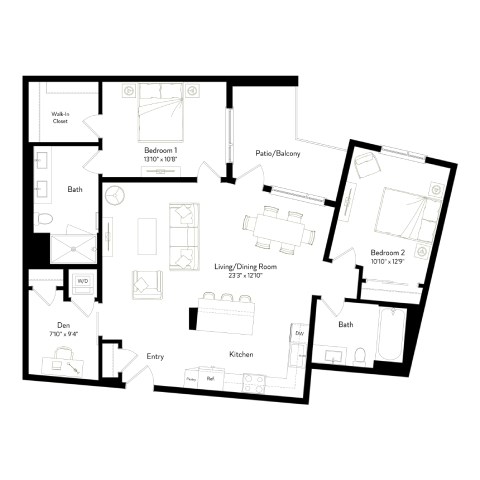 Floor plan for 2 beds, 2 baths, 1324 sqft