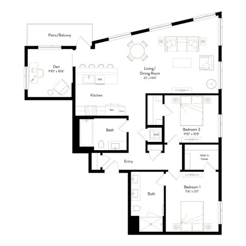 Floor plan for 2 beds, 2 baths, 1356 sqft