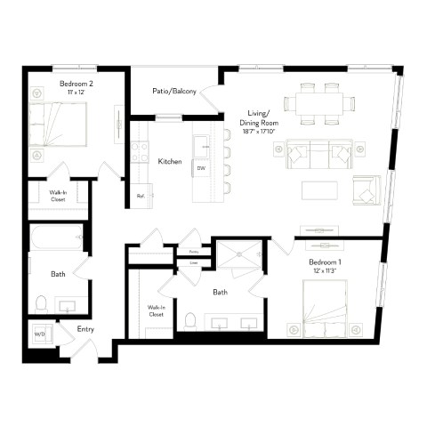 Floor plan for 2 beds, 2 baths, 1251 sqft