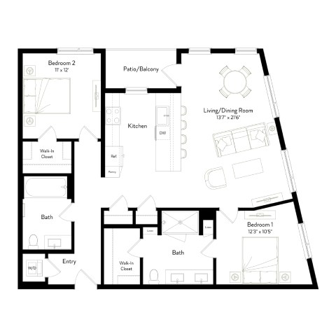 Floor plan for 2 beds, 2 baths, 1198 sqft
