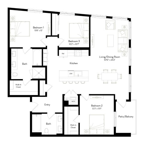 Floor plan for 3 beds, 2 baths, 1505 sqft