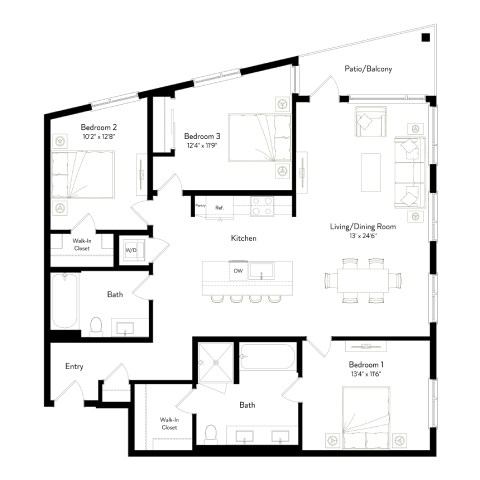 Floor plan for 3 beds, 2 baths, 1497 sqft