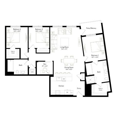 Floor plan for 3 beds, 2 baths, 1529 sqft