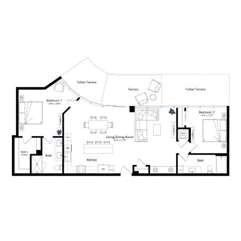 Floor plan for 2 beds, 2 baths, 1241 sqft