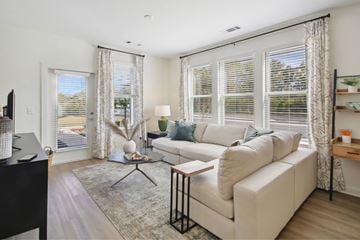 Charlotte apartment for rent - A living room with a white couch and a rug.