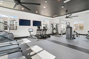 Charlotte apartment for rent - A spacious gym with a variety of equipment including treadmills, elliptical machines, and a rowing machine.