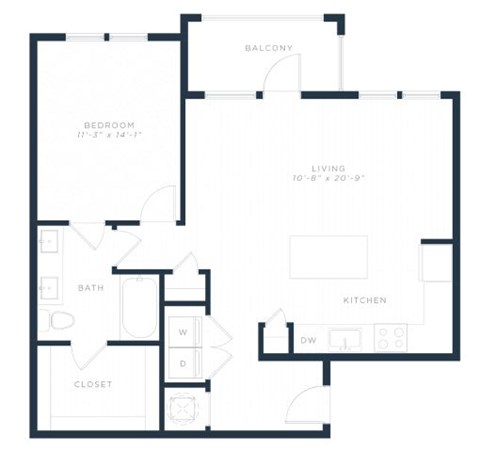 Floor plan for 1 bed, 1 bath, 875 sqft