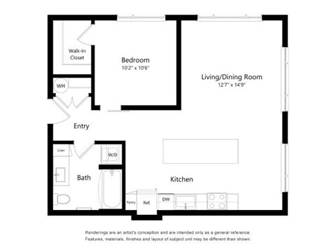 Floor plan for 1 bed, 1 bath, 755 sqft