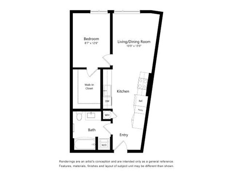 Floor plan for 1 bed, 1 bath, 610 sqft