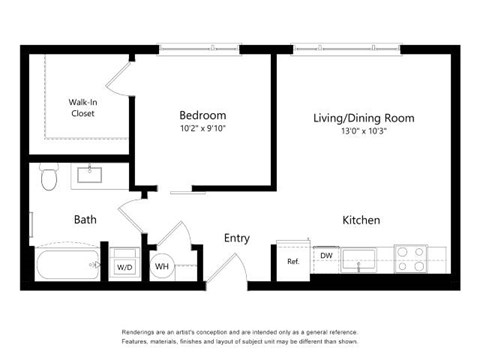 Floor plan for 1 bed, 1 bath, 601 sqft
