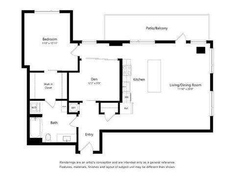 Floor plan for 1 bed, 1 bath, 1106 sqft