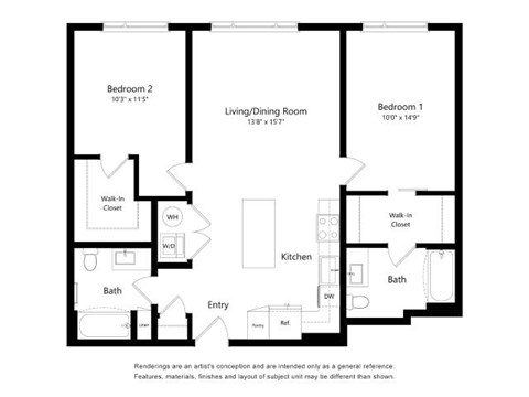 Floor plan for 2 beds, 2 baths, 1059 sqft