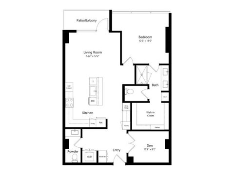 Floor plan for 1 bed, 1 bath, 1037 sqft