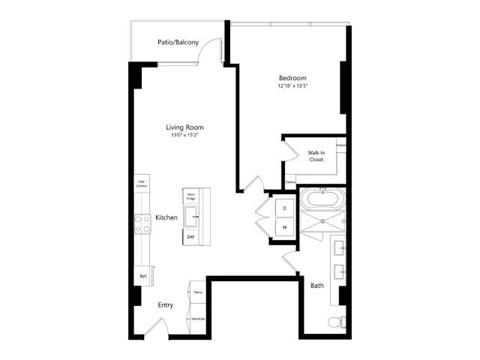 Floor plan for 1 bed, 1 bath, 947 sqft