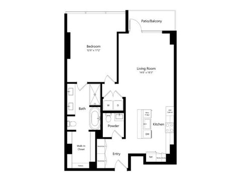Floor plan for 1 bed, 1.5 baths, 1001 sqft