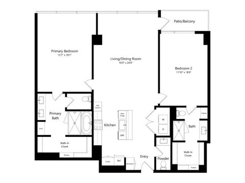 Floor plan for 2 beds, 2.5 baths, 1584 sqft