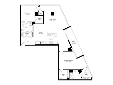 Floor plan for 2 beds, 2.5 baths, 1618 sqft