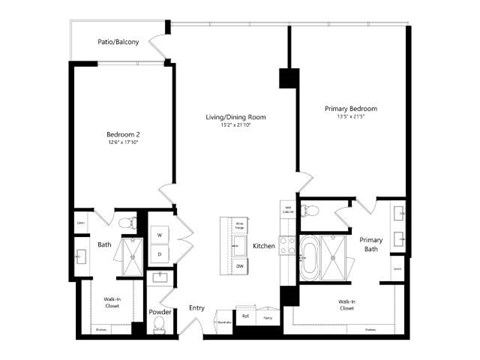 Floor plan for 2 beds, 2.5 baths, 1640 sqft