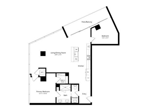 Floor plan for 1 bed, 1.5 baths, 1255 sqft