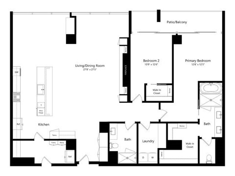 Floor plan for 1 bed, 1.5 baths, 1467 sqft