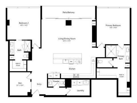 Floor plan for 2 beds, 2.5 baths, 1955 sqft