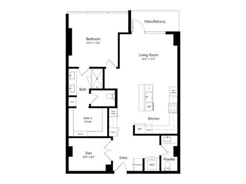 Floor plan for 1 bed, 1.5 baths, 1020 sqft